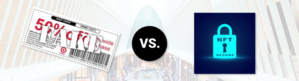 A paper coupon vs. an NFT coupon on a customer shopping background